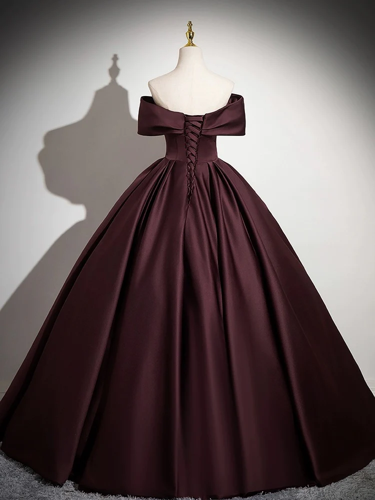 A-Line Off the Shoulders Satin Maroon Long Prom Dress, Maroon Long Formal Dress - Deanwangkt