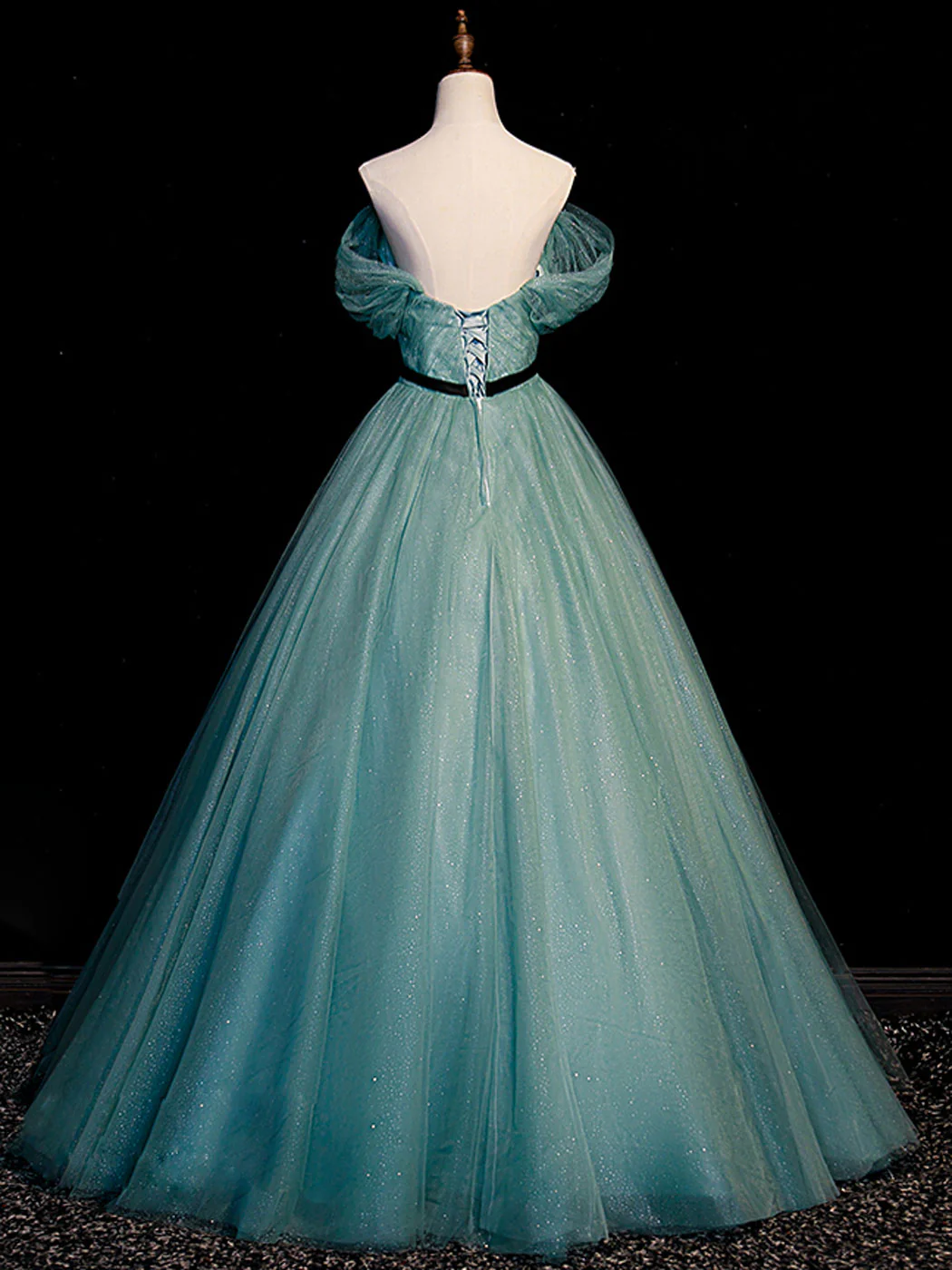 Green A line Tulle Sequin Long Prom Dress, Green Tulle Graduation Dress - Deanwangkt