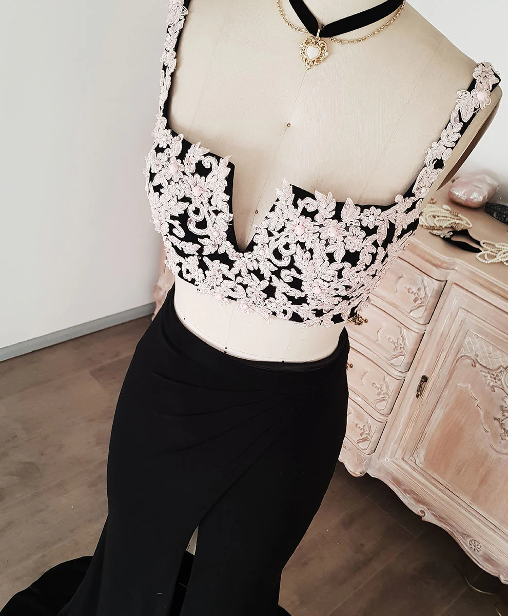 Black Lace Two Pieces Long Prom Dress, Black Evening Dress with Lace Beading - Deanwangkt