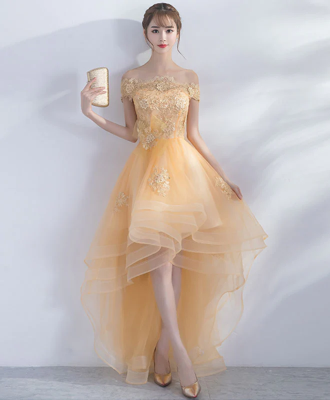 Champagne Tulle Lace Short Prom Dress, Champagne Homecoming Dresses - Deanwangkt