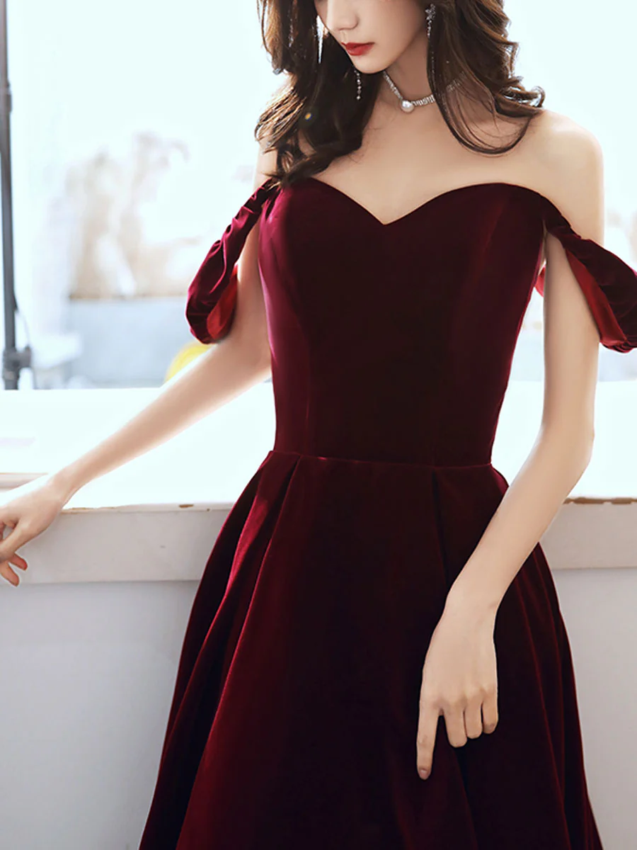 Simple Velvet Tea Length Prom Dresses, Burgundy Velvet Evening Dresses - Deanwangkt