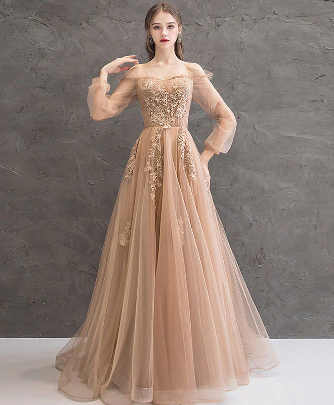 Champagne Tulle Lace Long Prom Dress Champagne Tulle Evening Dress - Deanwangkt