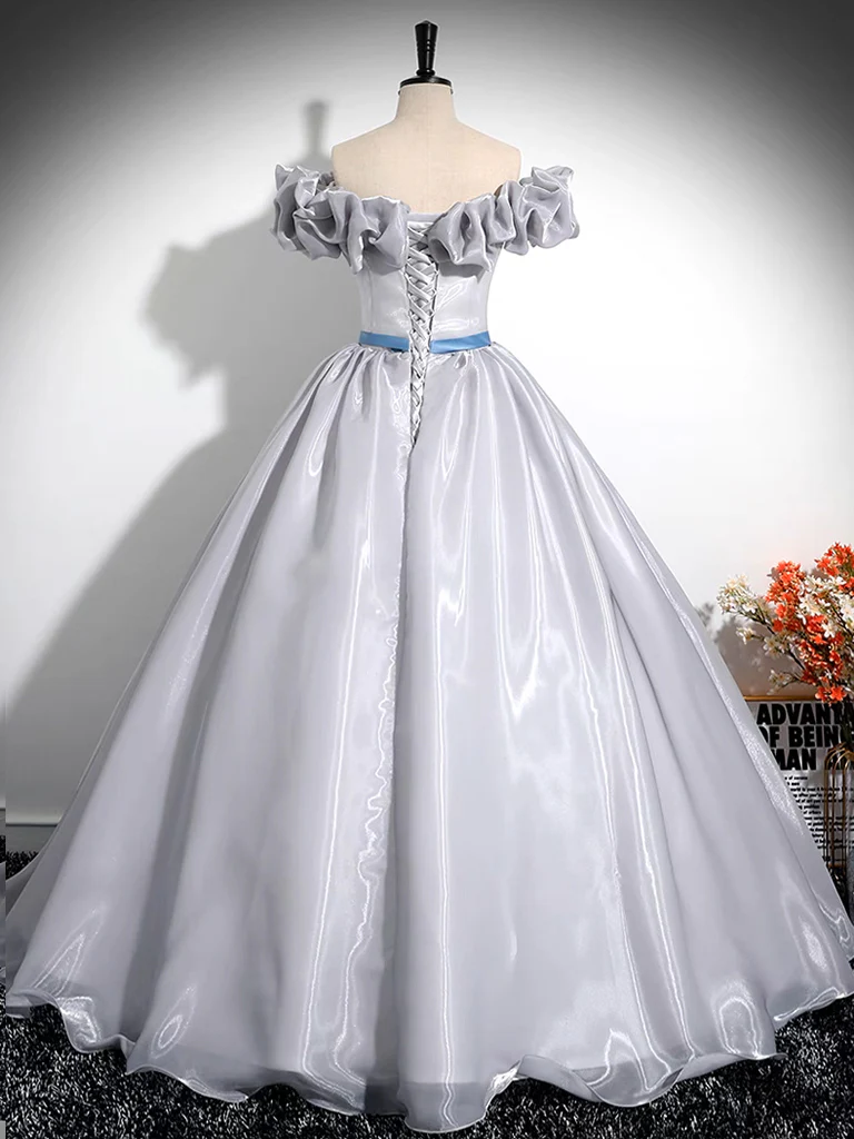A-Line Off Shoulder Gray Satin Long Prom Dress, Gray Long Formal Dress - Deanwangkt