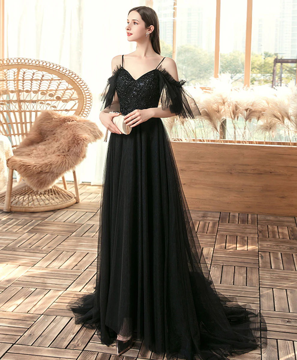 Black V Neck Tulle Lace Long Prom Dress Black Evening Dress - Deanwangkt