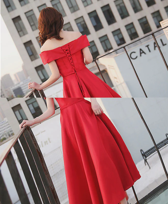 Simple Red Off Shoulder Tea Length Prom Dress, Red Evening Dress - Deanwangkt