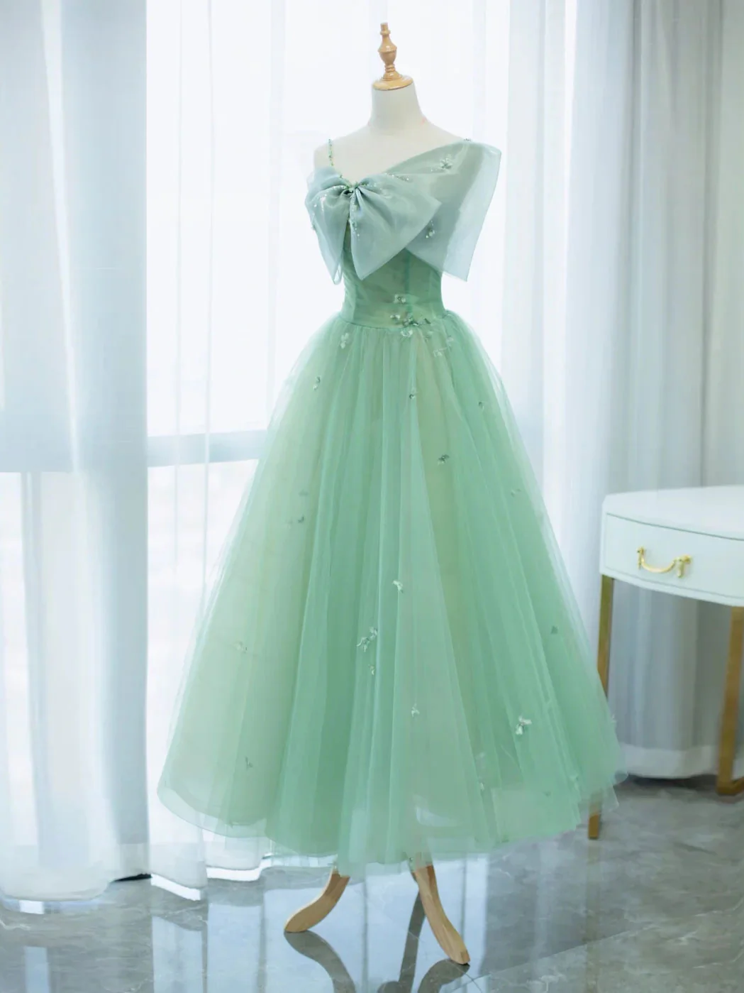 Simple Green Tulle Tea Length Prom Dress, Green Tulle Homecoming Dresses - Deanwangkt