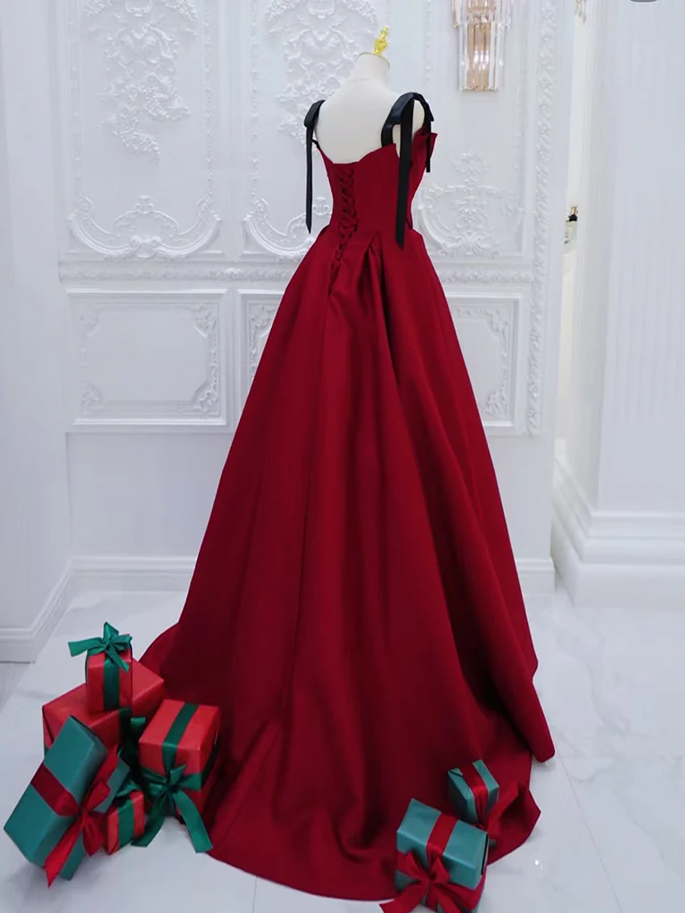 A-Line Burgundy Satin Long Prom Dress, Burgundy Long Formal Dress - Deanwangkt