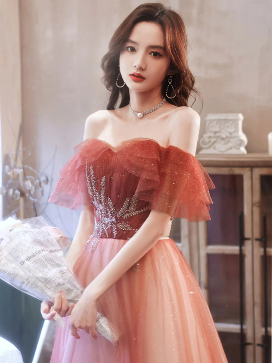 Burgundy A line Tulle Beads Long Prom Dress, Burgundy Formal Evening Dresses - Deanwangkt