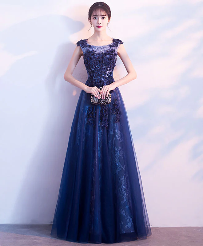 Dark Blue Lace Long Prom Dress, Lace Evening Dress - Deanwangkt