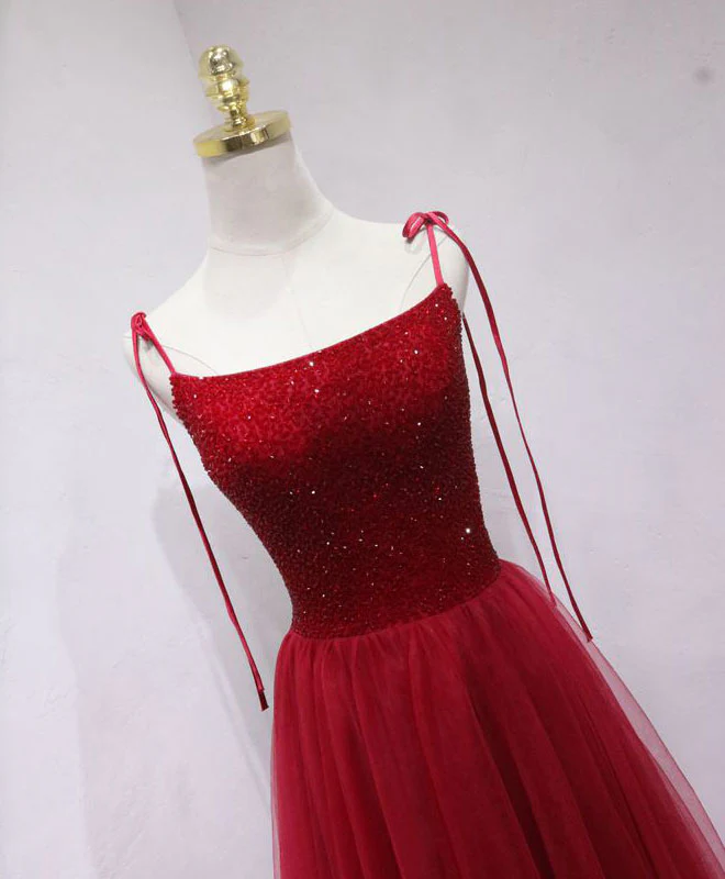 Burgundy tulle beads long prom dress, burgundy tulle formal dress - Deanwangkt