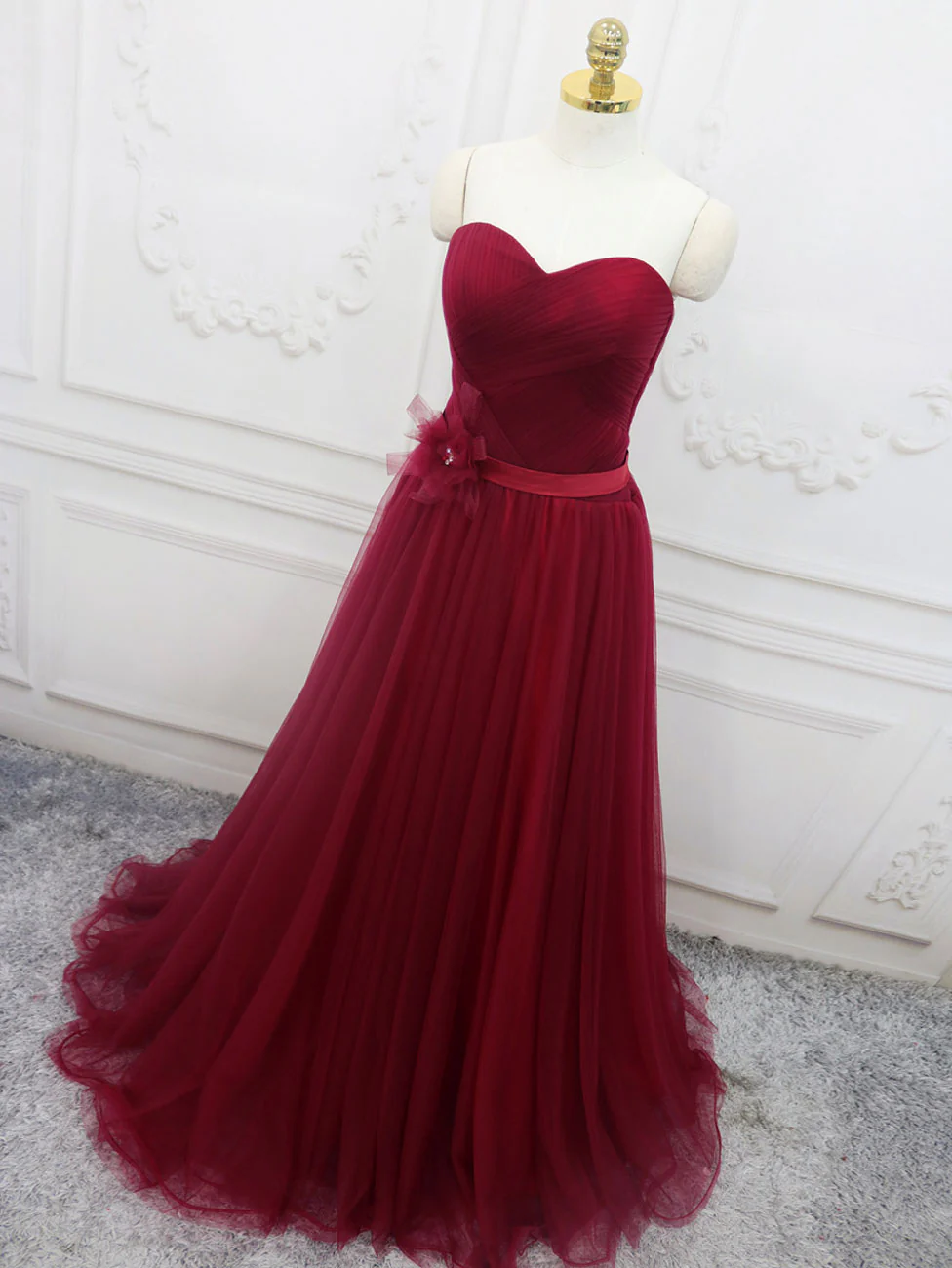A-Line Sweetheart Neck Burgundy Long Prom Dress, Burgundy Bridesmaid Dress - Deanwangkt