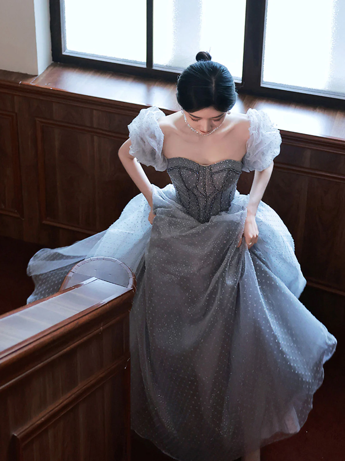 Gray Aline Tulle Gray Long Prom Dresses, Aline Gray Tulle Formal Evening Dresses - Deanwangkt