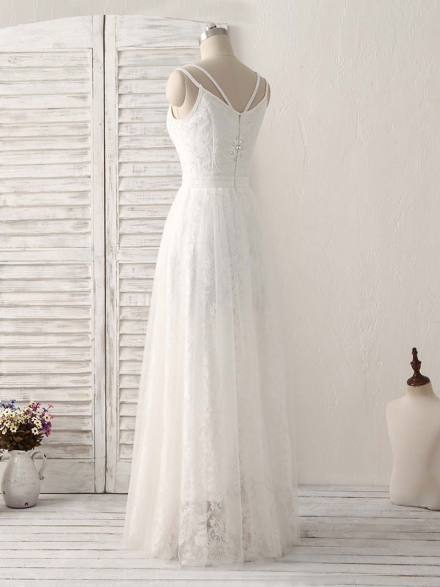 White V Neck Tulle Lace Long Prom Dress White Evening Dress - Deanwangkt