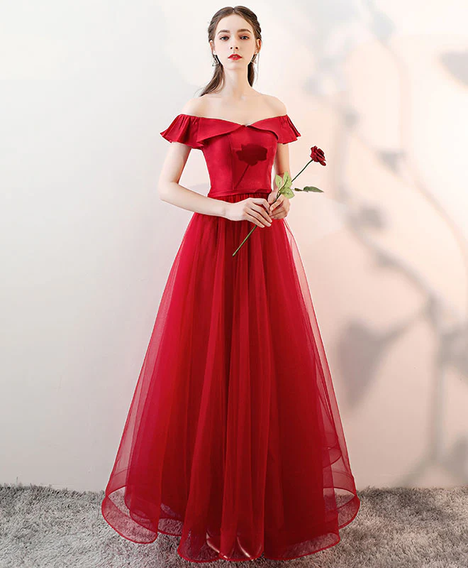 Simple Burgundy Tulle Long Prom Dress, Burgundy Tulle Evening Dress - Deanwangkt