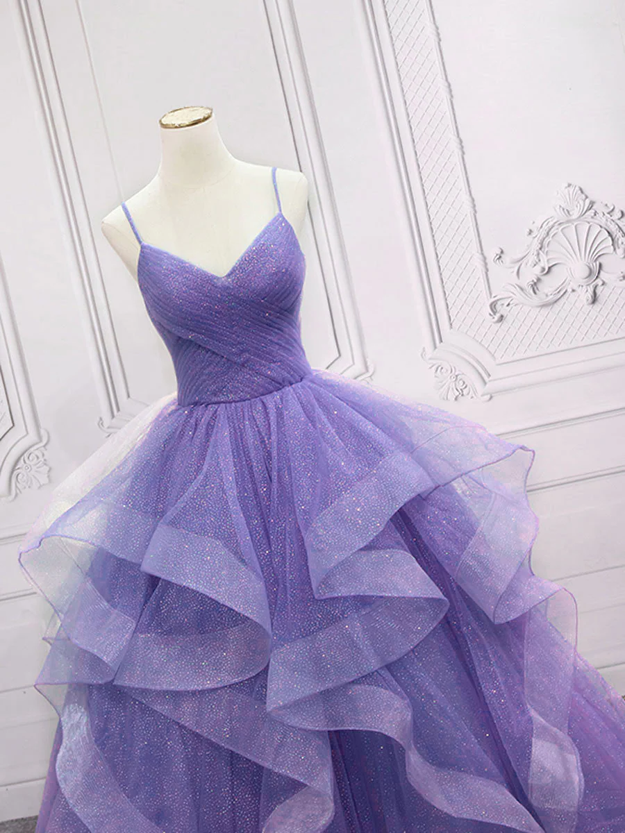 Purple v neck Tulle Long Prom Dress, Purple Sweet 16 Dress - Deanwangkt