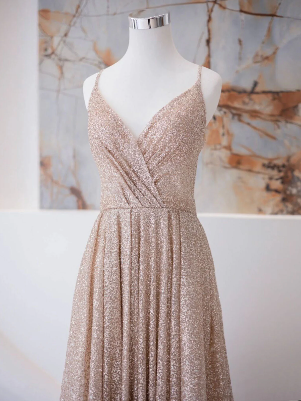 A Line V Neck Champagne Long Prom Dresses, Shiny Tulle Champagne Evening Dress - Deanwangkt