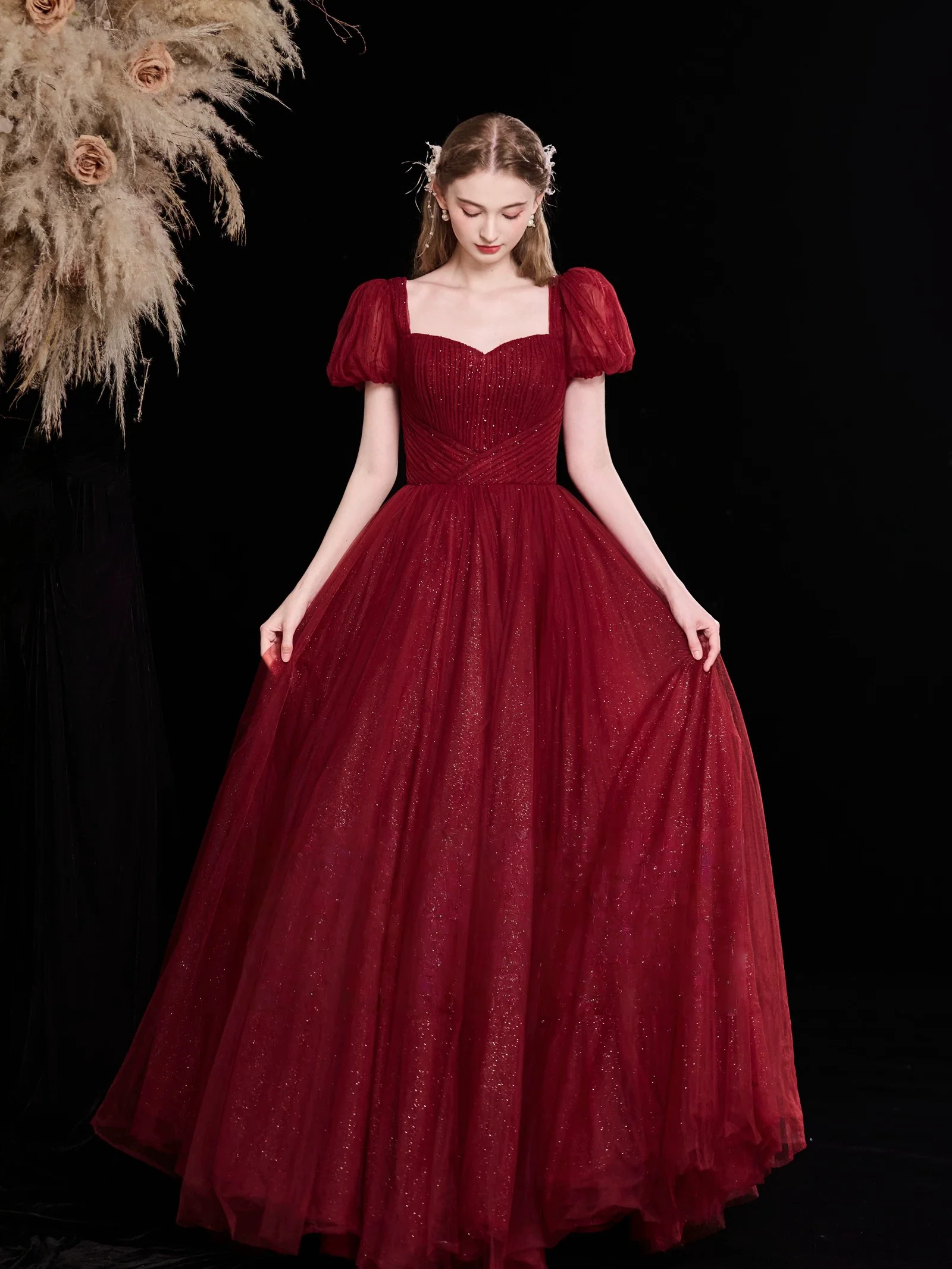 A-Line Puff Sleeves Tulle Burgundy Long Prom Dress, Burgundy Long Evening Dress - Deanwangkt