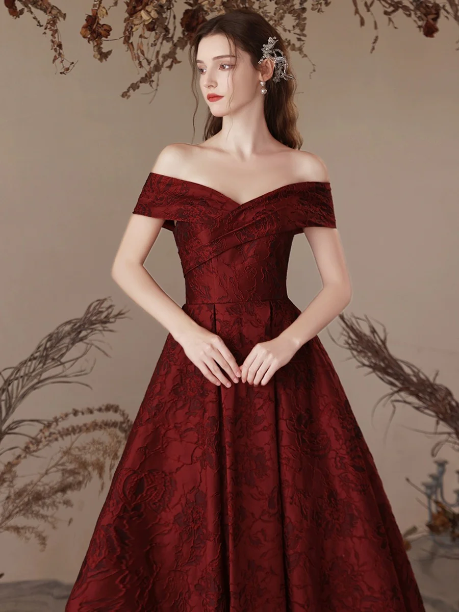 A-Line Off Shoulder Satin Burgundy Long Prom Dress, Burgundy Long Formal Dress - Deanwangkt