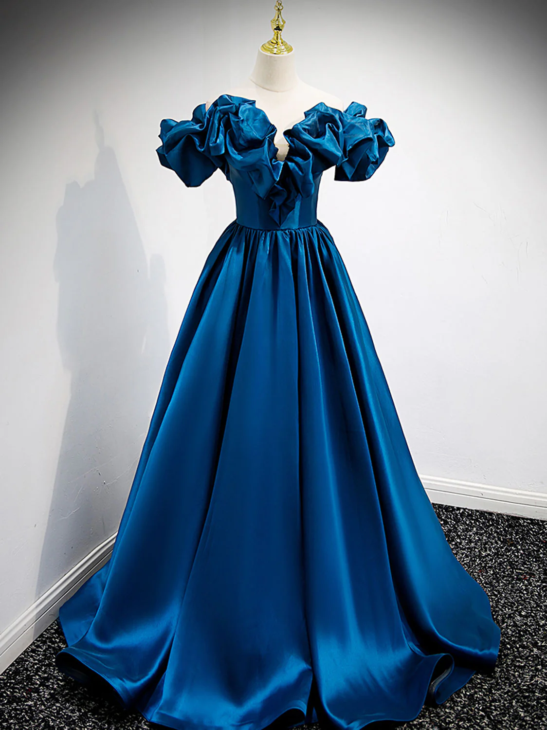 A-Line Off Shoulder Satin Blue Long Prom Dress, Blue Evening Dresses - Deanwangkt