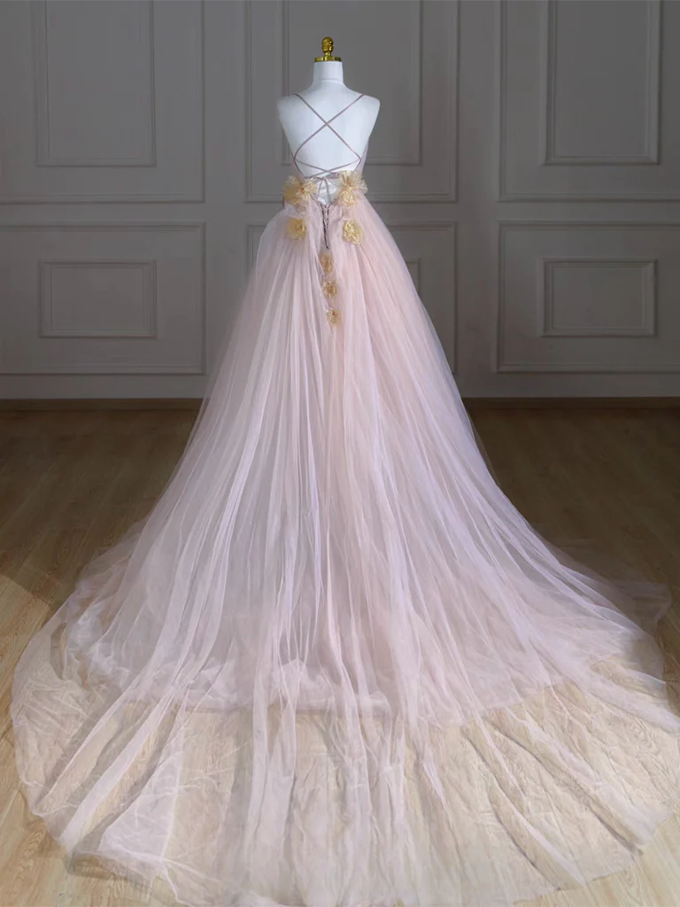 A-Line V Neck Tulle Pink Long Prom Dress, Pink Tulle Long Formal Dress - Deanwangkt