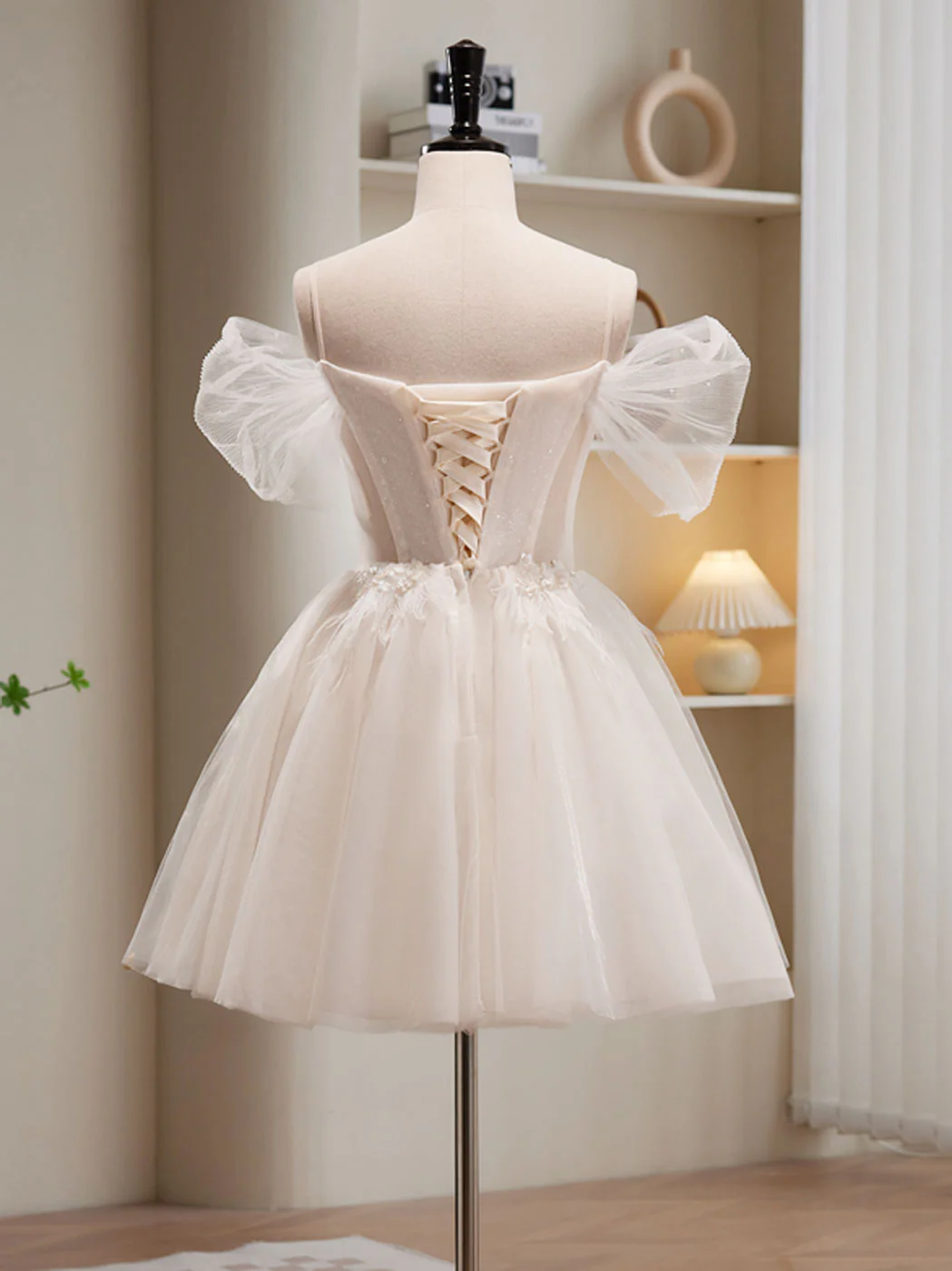 A-Line Off Shoulder Tulle Short Beige Prom Dress, Cute Homecoming Dress - Deanwangkt