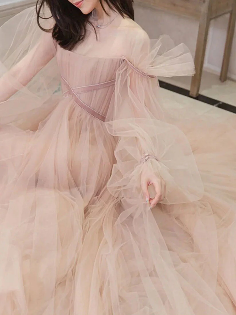 Champagne Aline Tulle Long Prom Dresses, Long Formal Graduation Dresses - Deanwangkt