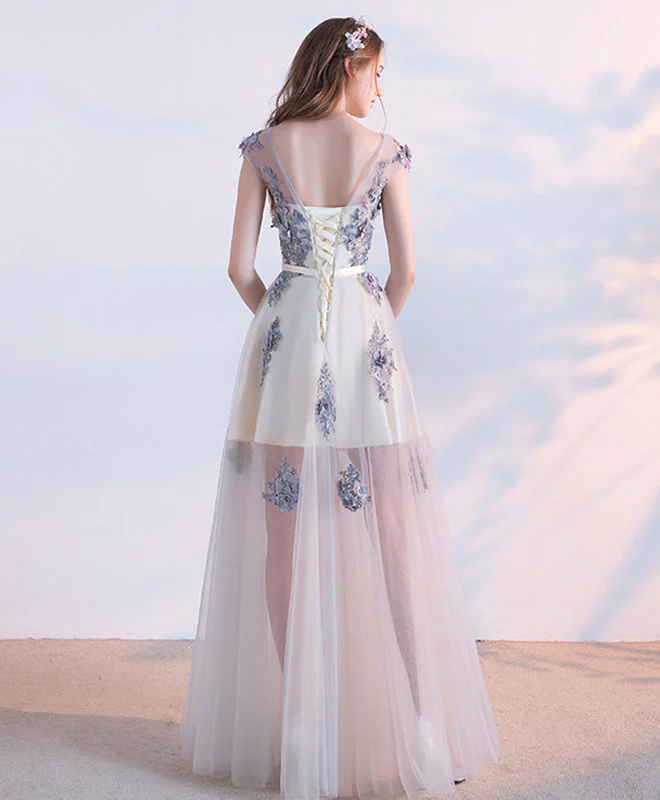 Gray Tulle Lace Long Prom Dress, Evening Dress - Deanwangkt