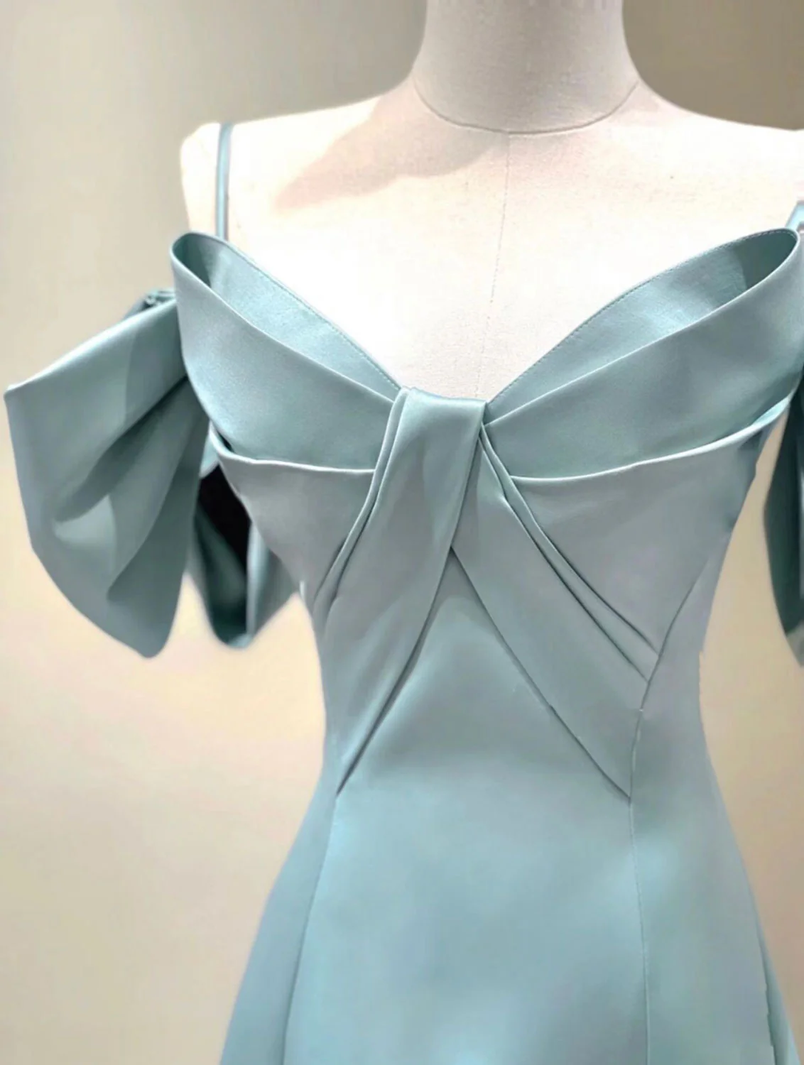 A-Line V Neck Satin Blue Long Prom Dress, Blue Formal Evening Dresses - Deanwangkt