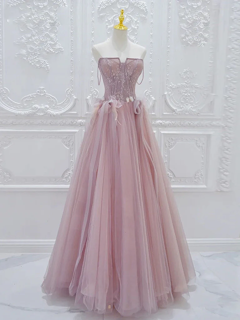A-Line Tulle Lace Pink Long Prom Dress, Pink Tulle Lace Long Formal Dress - Deanwangkt