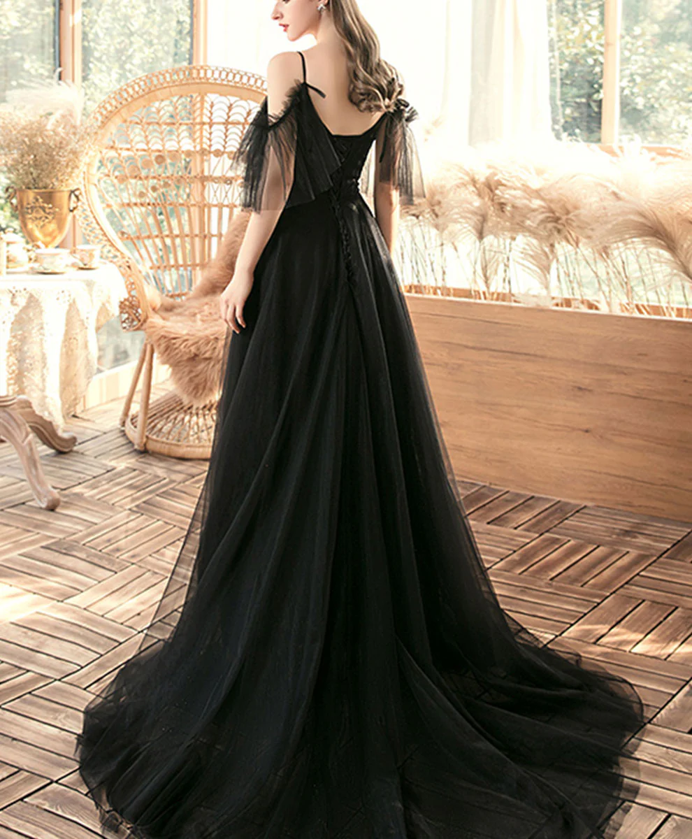 Black V Neck Tulle Lace Long Prom Dress Black Evening Dress - Deanwangkt