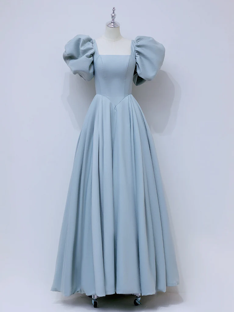 A-Line Puff sleeves Long Blue Prom Dress, Square Neckline Blue Long Formal Dress - Deanwangkt