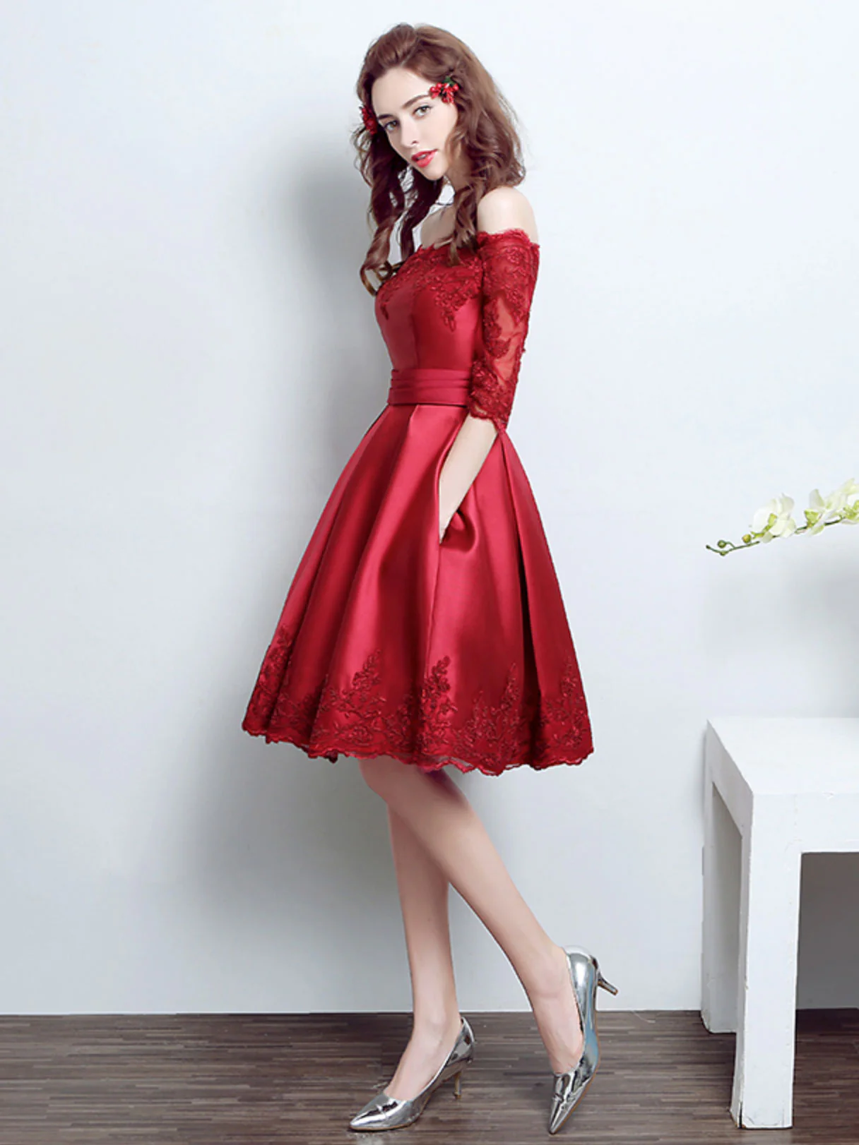 Burgundy Lace Satin Short Prom Dress, Burgundy Bridesmaid Dress - Deanwangkt