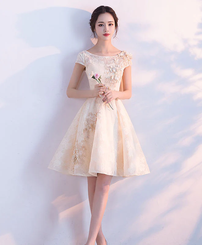 Champagne A-Line Tulle Lace Short Prom Dresses, Champagne Homecoming Dresses - Deanwangkt