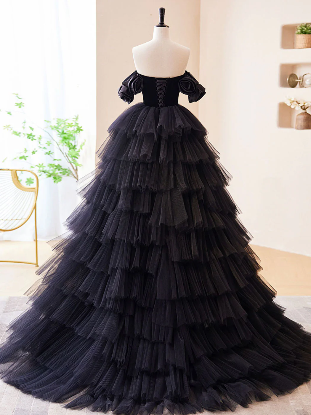 Black Off Shoulder Tulle Long Prom Dress, Black Formal Evening Dress - Deanwangkt