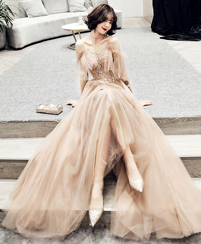 Champagne Tulle Lace Long Prom Dress, Champagne Evening Dress - Deanwangkt