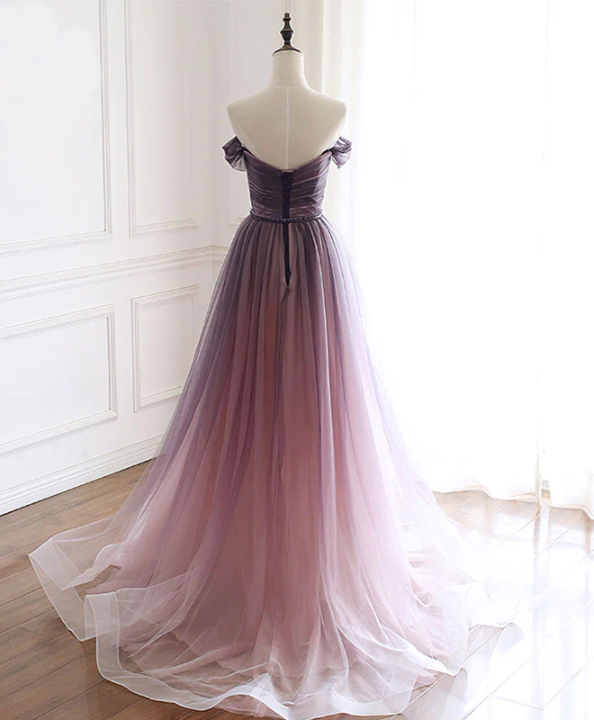 Simple Tulle Off Shoulder Long Prom Dress, Tulle Formal Dress - Deanwangkt