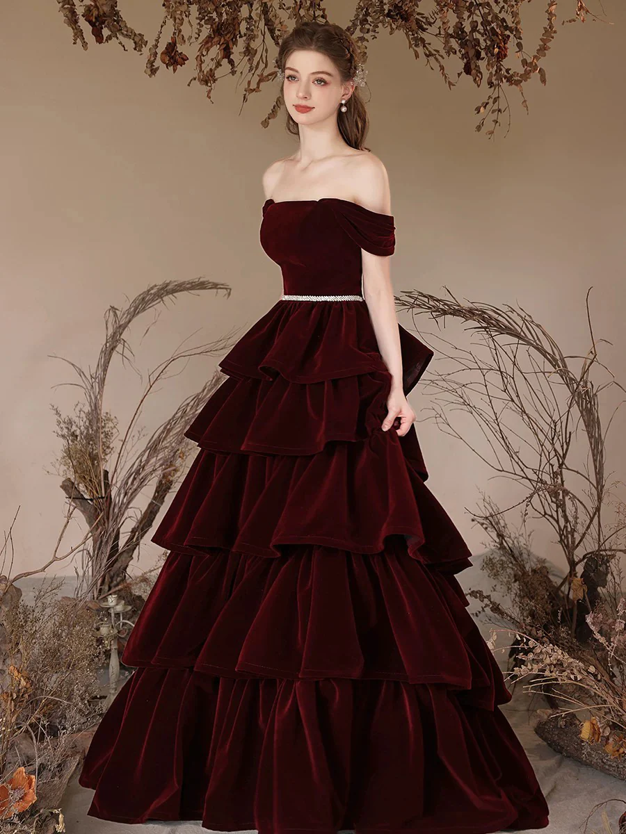 A-Line Off Shoulder Velvet Burgundy Long Prom Dress, Burgundy Long Formal Dress - Deanwangkt