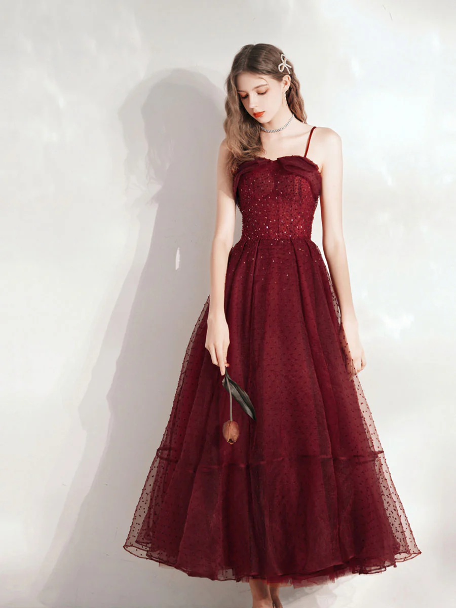Aline Tea Length Burgundy Prom Dress, Burgundy Homecoming Dress - Deanwangkt