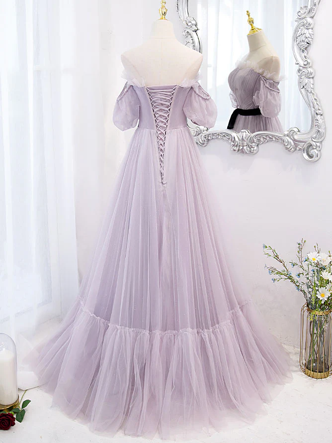 Purple tulle A line long prom dress, purple bridesmaid dress - Deanwangkt