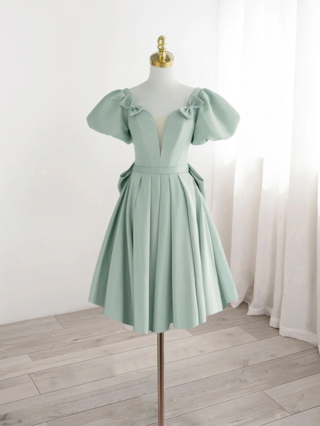 A-Line Green Puffy Sleeve Short Prom Dress, Green Formal Dress - Deanwangkt