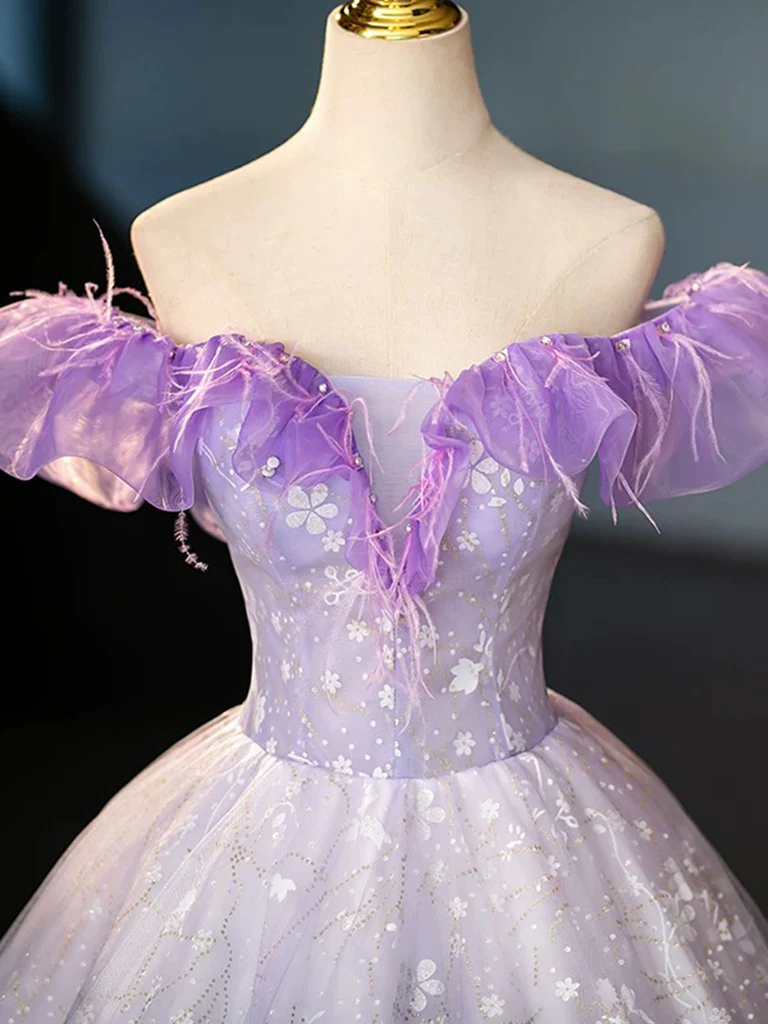A-Line Off Shoulder Tulle Lace Purple Long Prom Dress, Purple Long Formal Dress - Deanwangkt
