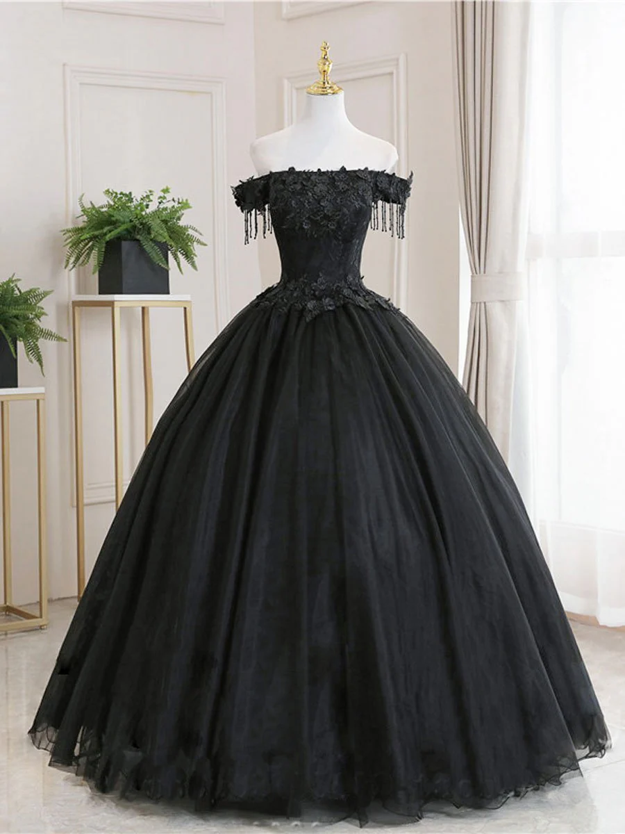 Black Tulle Off Shoulder Lace Long Prom Dress, Black Evening Dress - Deanwangkt