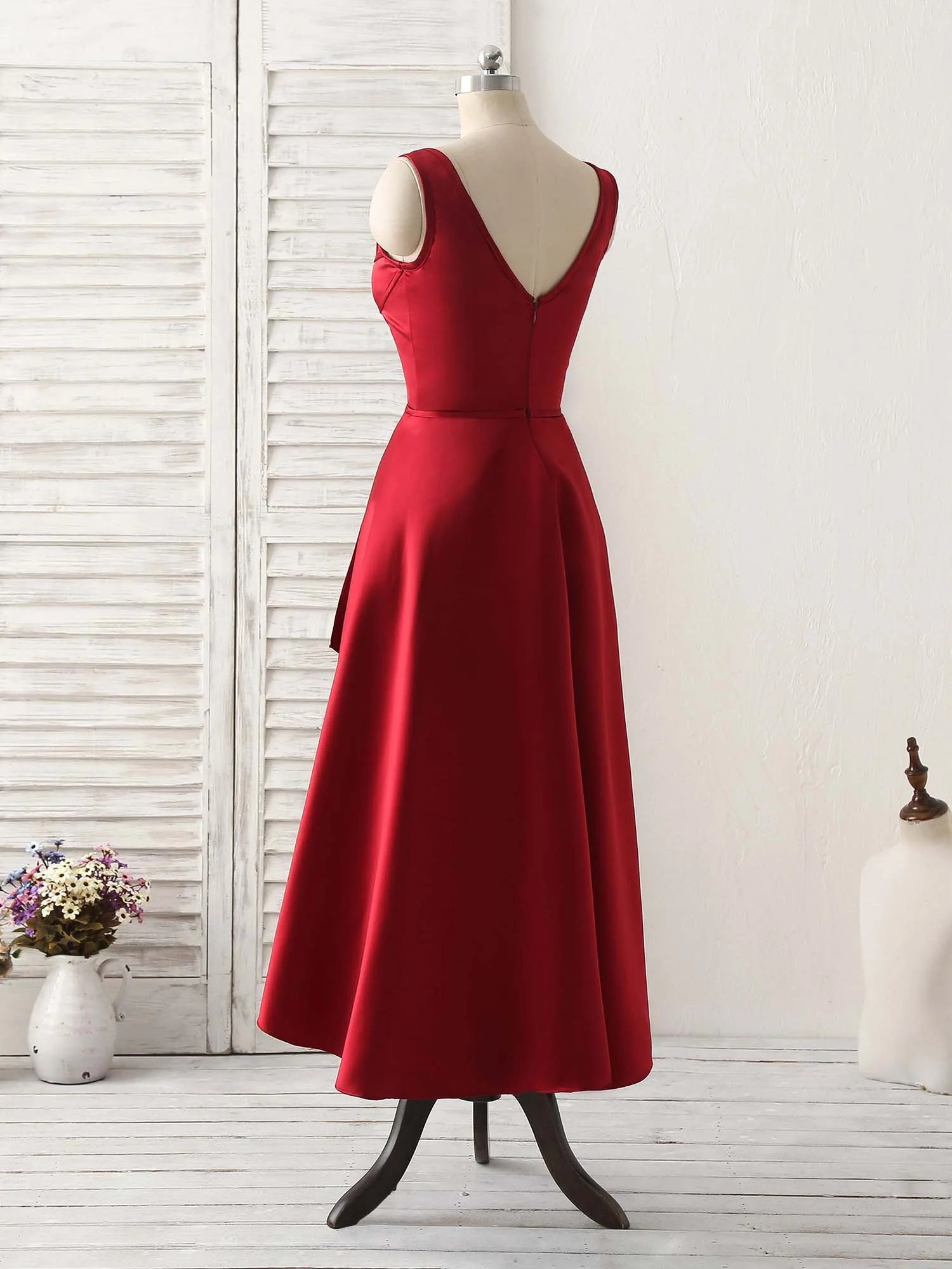 Simple V Neck High Low Prom Dress Burgundy Evening Dress - Deanwangkt