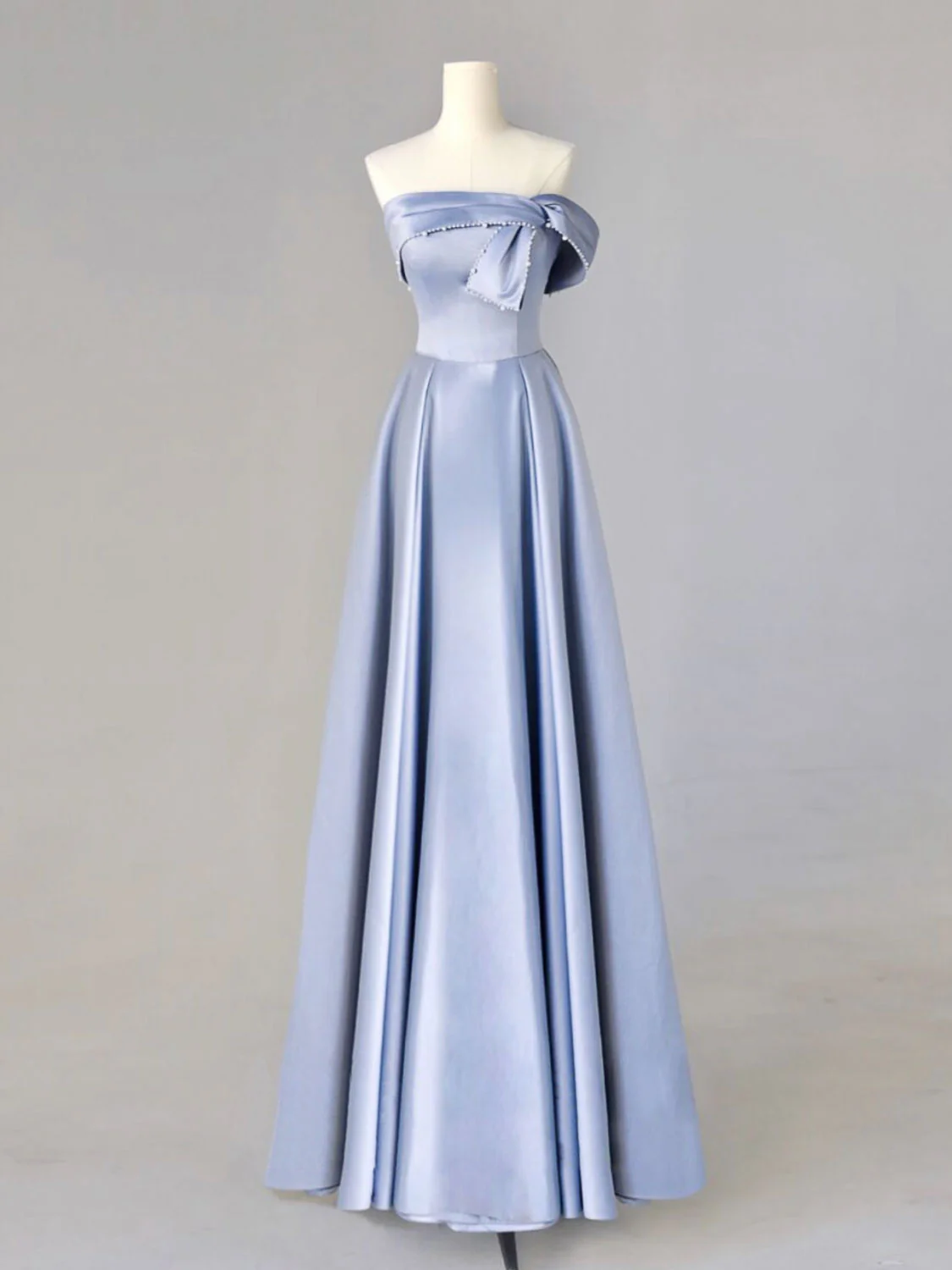 A-Line Blue Satin Long Prom Dresses, Blue Formal Evening Dresses - Deanwangkt