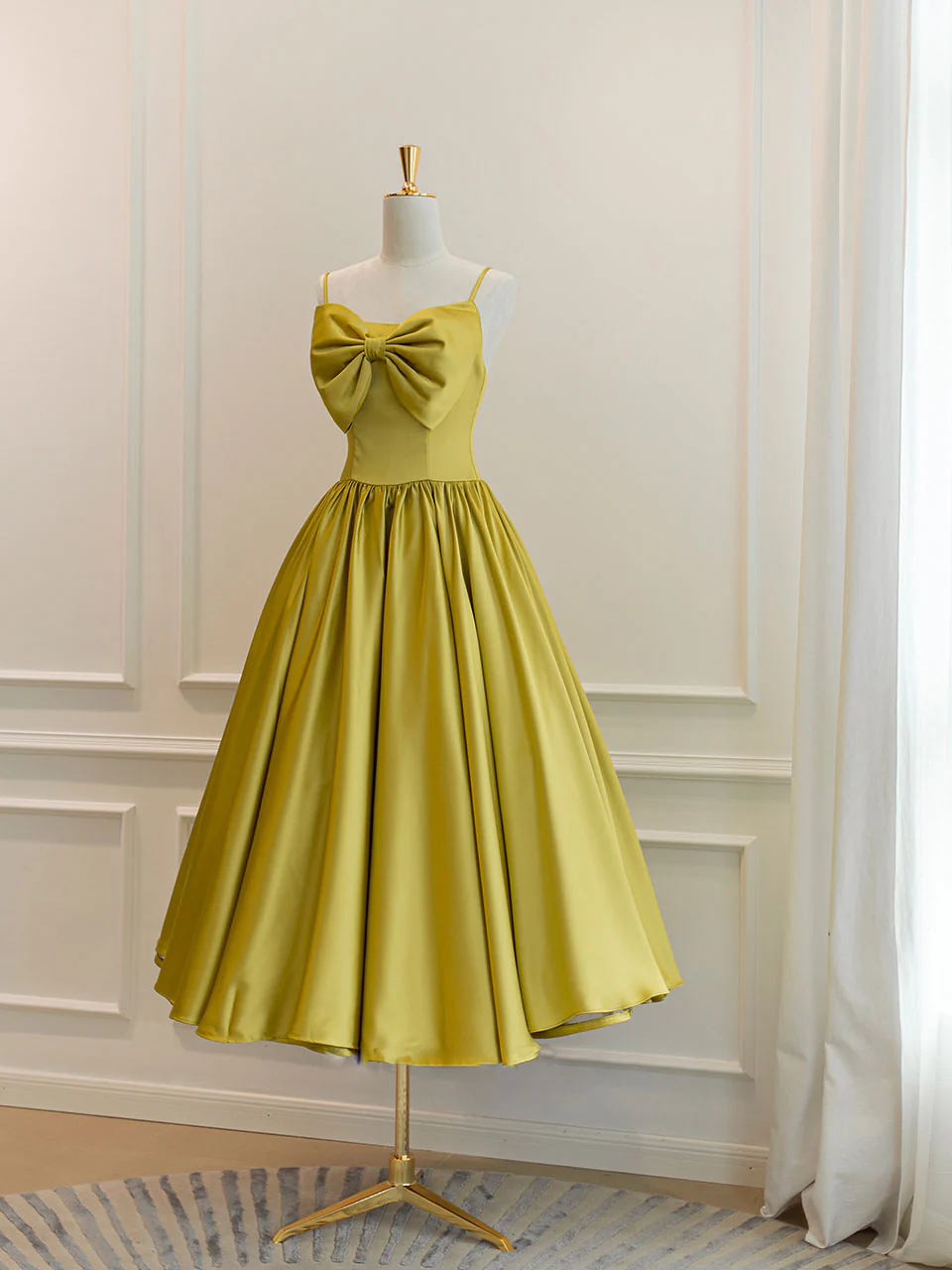 Simple Yellow Satin Tea Length Prom Dress, Yellow Homecoming Dress - Deanwangkt