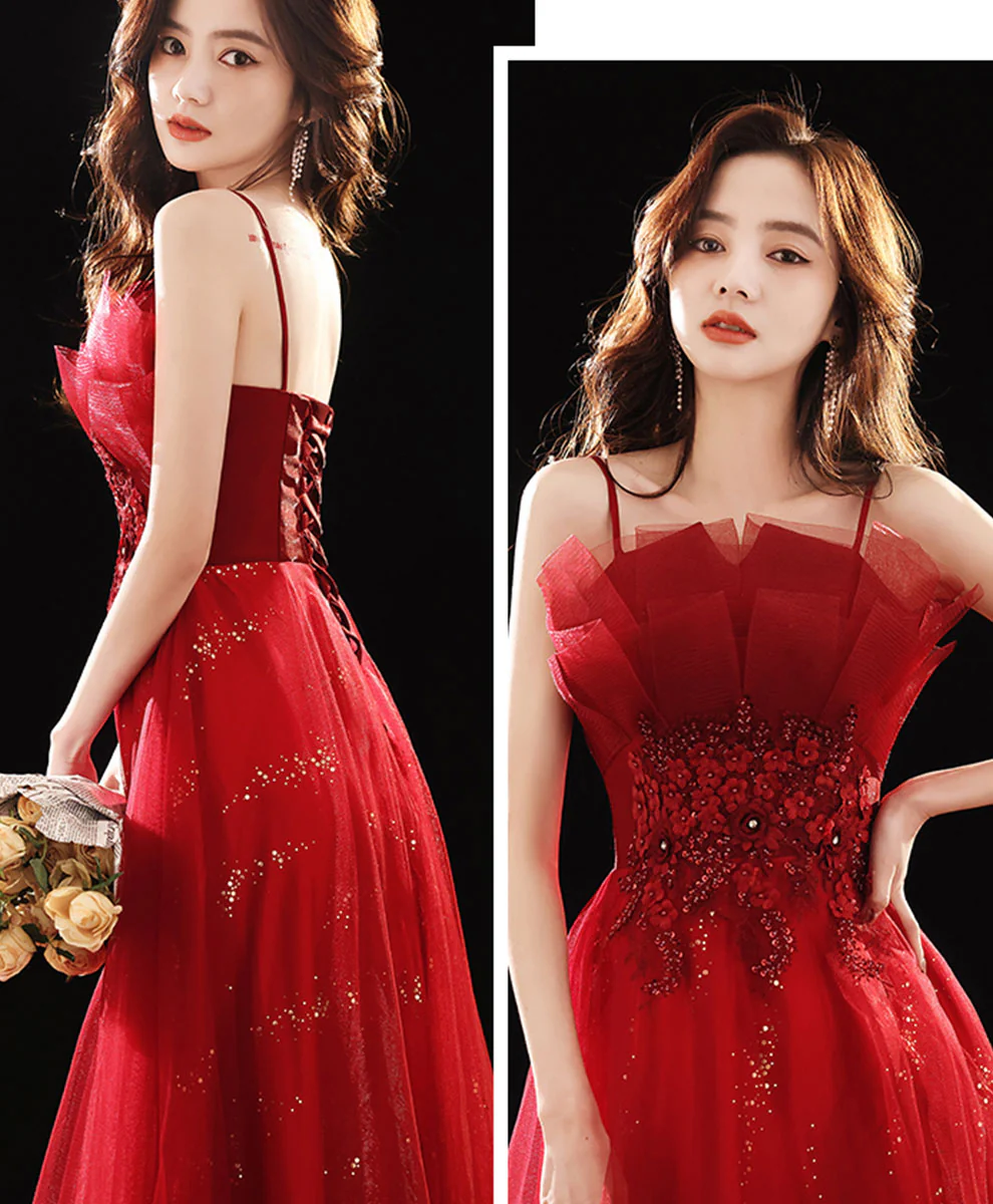 Burgundy Tulle Lace Long Prom Dress Burgundy Formal Dress - Deanwangkt