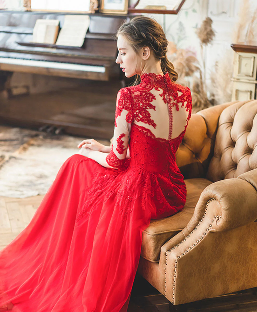 Red High Neck Tulle Lace Long Prom Dress, Red Lace Formal Dress - Deanwangkt