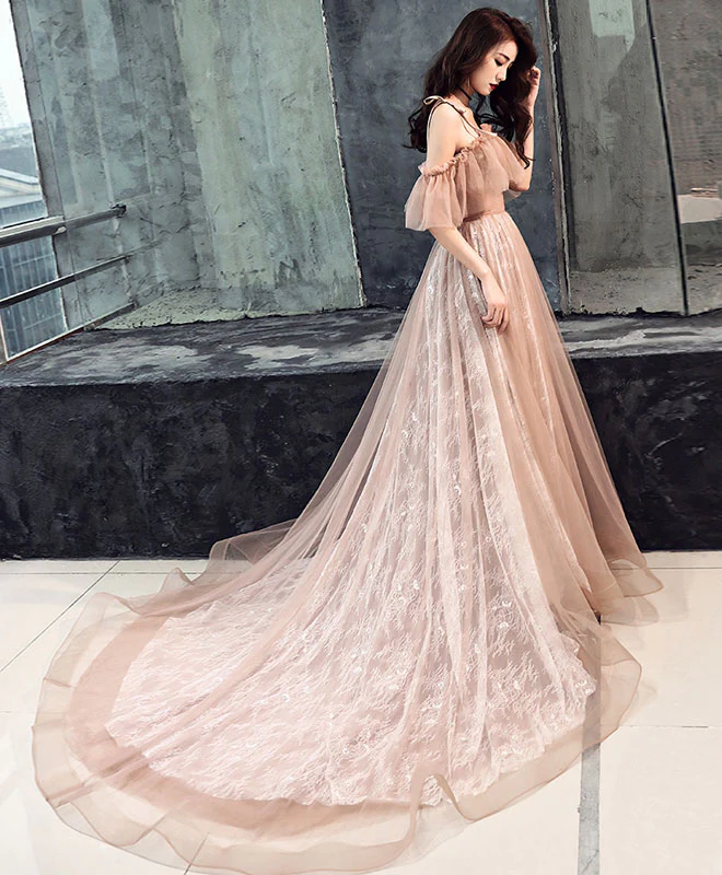 Pink Tulle Long Prom Dress, Pink Tulle Evening Dress - Deanwangkt