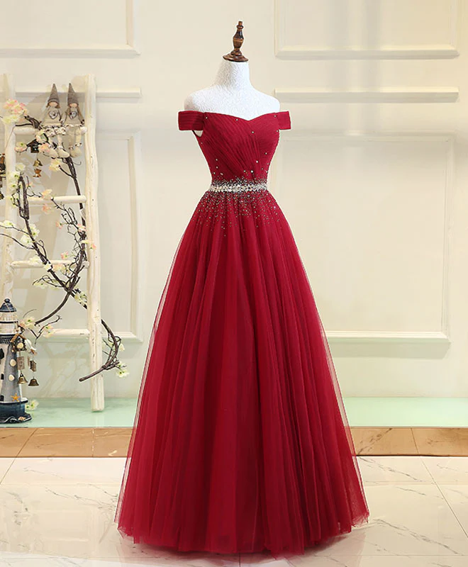 Burgundy Tulle Off Shoulder Long Prom Dress, Burgundy Evening Dress - Deanwangkt
