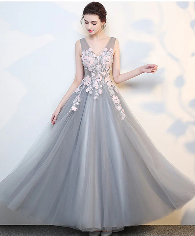 Gray V Neck Lace Long Prom Dress, Grey Evening Dress - Deanwangkt